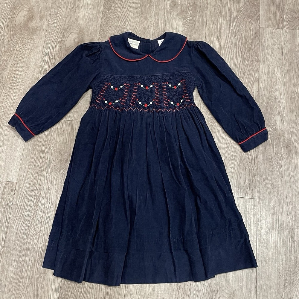 Vintage Girls Smocked Corduroy Dress Size 4 Holiday Blue Cotton